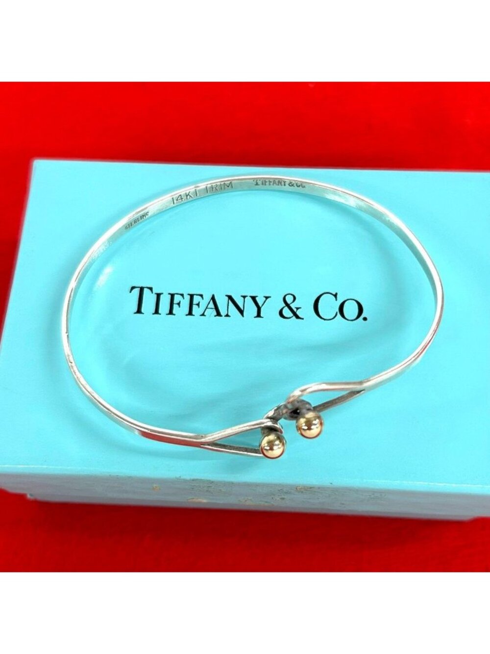 Tiffany & Co Vintage Hook Eye Double Heart Bangle Silver Bracelet